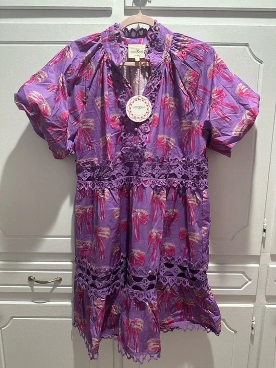 Umgee-Lilac & Pink Bow Print Lace Trim Mini Dress - Picture 3 of 5